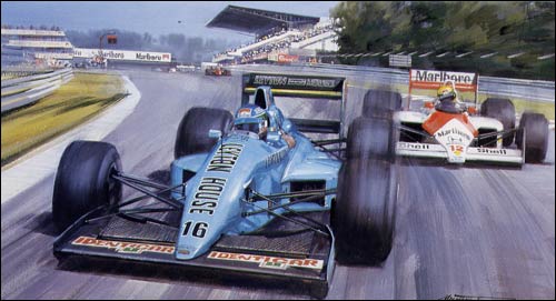 Для Ивана Капелли обгон Айртона Сенны на Гран При Португалии 1988 года стал, пожалуй, главным достижением в гоночной карьере. Рисунок Майкла Тёрнера