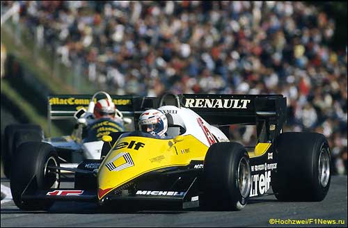 Ален Прост за рулём Renault RE40 на трассе Гран При Европы 1983 года