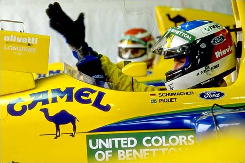 Михаэль Шумахер и Нельсон Пике в боксах Benetton