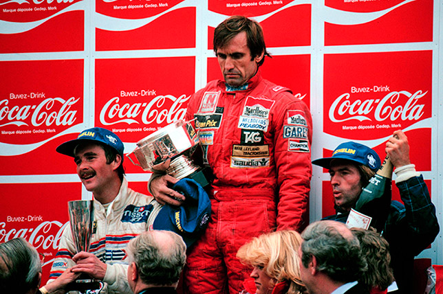 Найджел Мэнселл, Карлос Ройтеман и Жак Лаффит на подиуме Гран При Бельгии 1981 года