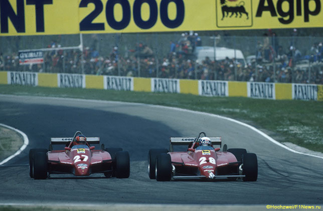 Борьба Жиля Вильнёва и Дидье Пирони на трассе Гран При Сан-Марино, 1982 год
