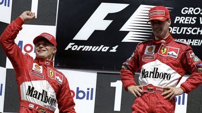 Мика Сало и Эдди Ирвайн на подиуме Гран При Германии, 1999 год