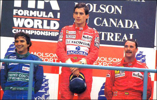 Нельсон Пике, Айртон Сенна и Найджел Мэнселл на подиуме Гран При Канады 1990 года