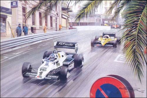 Кейо Росберг, обогнав Алена Проста, лидирует на первом круге Гран При Монако 1983 года. Рисунок Майкла Тёрнера