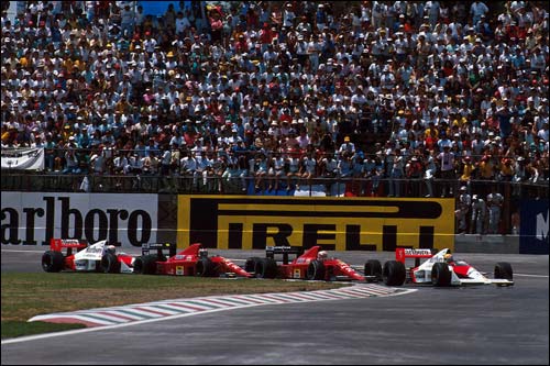 Айртон Сенна, Найджел Мэнселл, Герхард Бергер и Ален Прост ведут борьбу на Гран При Мексики 1989 года