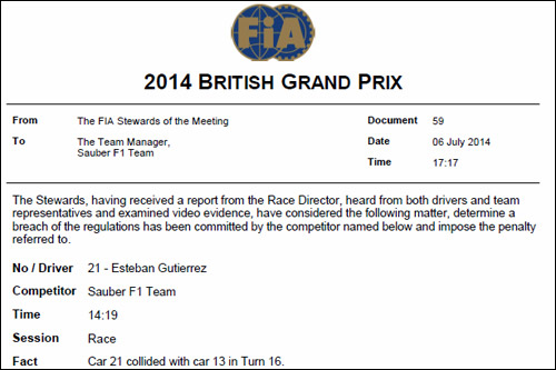 Решение стюардов Гран При Великобритании о наказании Эстебана Гутьерреса