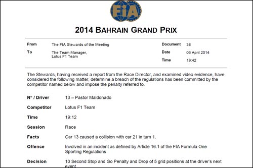 Решение стюардов Гран При Бахрейна о наказании Пастора Мальдонадо