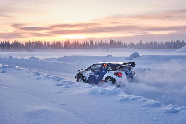 Валттери Боттас за рулём Citroen DS3 WRC во время шейкдауна на трассе Arctic Lapland Rally