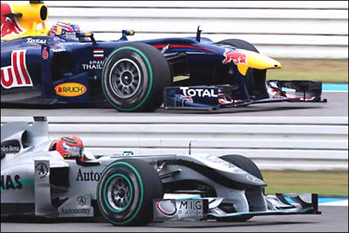 Передний антикрылья на машинах Red Bull Racing и Mercedes GP