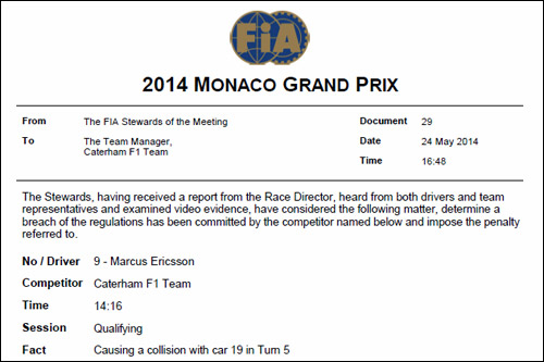 Решение стюардов Гран При Монако о наказании Маркуса Эриксона