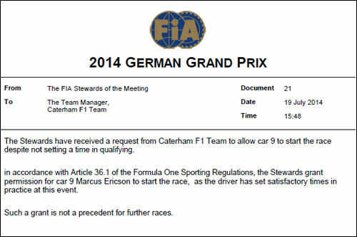 Решение стюардов Гран При Германии о допуске Маркуса Эриксона на старт