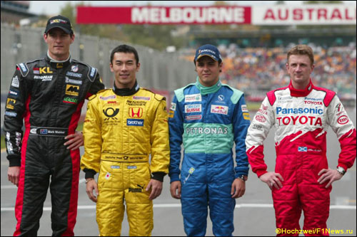 Дебютанты чемпионата 2002 года (слева направо): Марк Уэббер, Такума Сато, Фелипе Масса и Алан Макниш