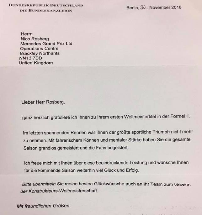 Поздравительное письмо Ангелы Меркель Нико Росбергу
