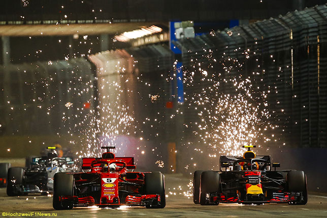 Себастьян Феттель ведёт борьбу с Максом Ферстаппеном на первом круге Гран При Сингапура