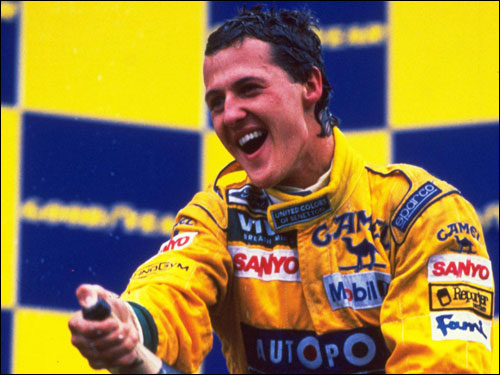 Михаэль Шумахер радуется первой победе в Ф1. Гран При Бельгии 1992 г.