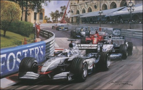 Квартет пилотов во главе с Дэвидом Култхардом отрывается от соперников в дебюте Гран При Монако 2002 года. Рисунок Майкла Тёрнера