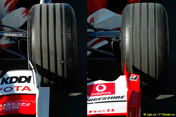 Шины Michelin (слева, на машине Toyota) и Bridgestone (справа, на Ferrari) на Гран При Италии 2003 года