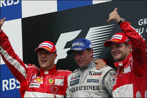 Михаэль Шумахер, Кими Райкконен и Рубенс Баррикелло на подиуме Гран При Канады 2005 года