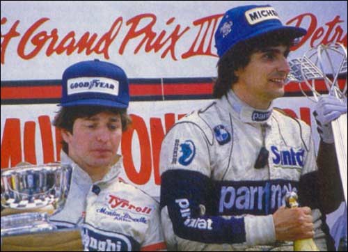 Мартин Брандл и Нельсон Пике на подиуме Гран При США-Детройт 1984 года