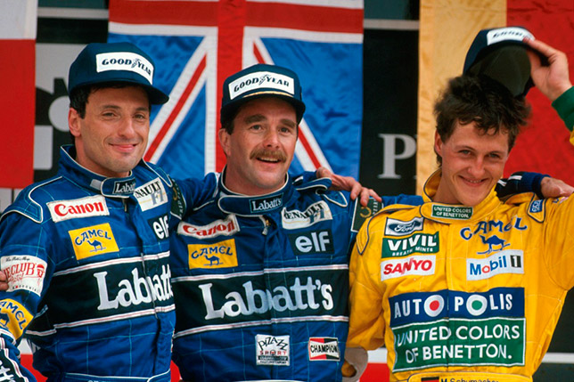 Подиум Гран При Мексики 1992 года: Риккардо Патрезе, Найджел Мэнселл и Михаэль Шумахер