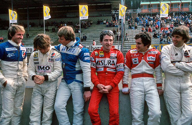 Жак Лаффит, Рене Арну, Дидье Пирони, Патрик Депайе, Ален Прост и Жан-Пьер Жарье на Гран При Бельгии 1980 года
