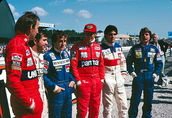 Джон Уотсон, Бруно Джакомелли, Ален Прост, Ники Лауда, Роберто Герреро и Кеке Росберг на Гран При Швейцарии 1982 года