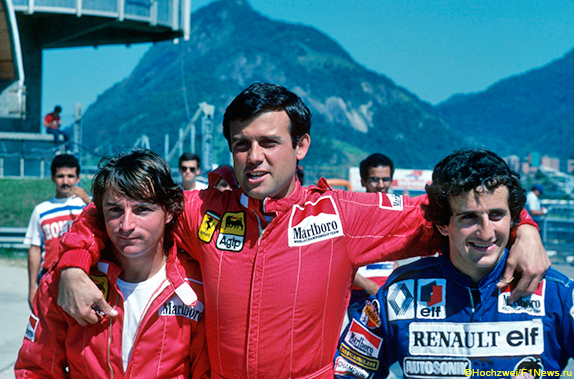 Рене Арну, Патрик Тамбэ и Ален Прост на Гран При Бразилии 1983 года