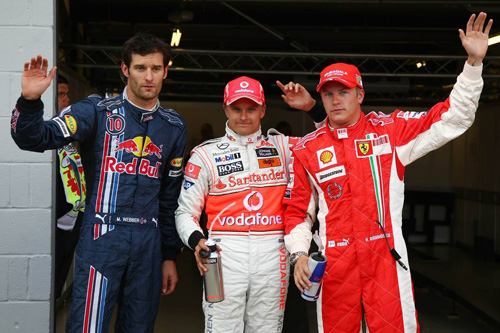 Марк Уэббер (Red Bull Racing), Хейкки Ковалайнен (McLaren Mercedes), Кими Райкконен (Ferrari)