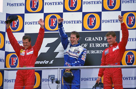 Подиум Гран При Европы 1996 года: Шумахер, Вильнёв, Култхард