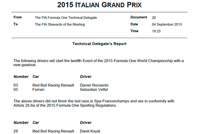 Отчёт технического делегата FIA Джо Бауэра о сменах коробок передач