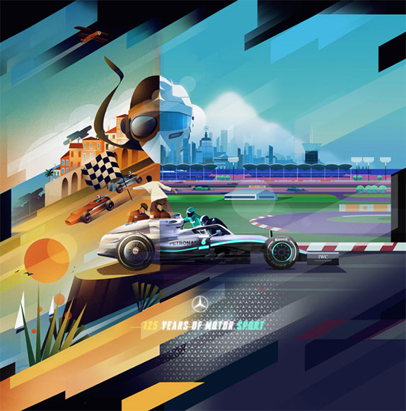 Постер, посвящёный 125-летию участия Mercedes в автогонках