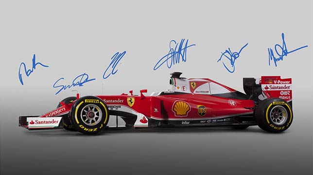 Изображение новой машины Ferrari с автографами её создателей, Маурицио Арривабене и гонщиков команды