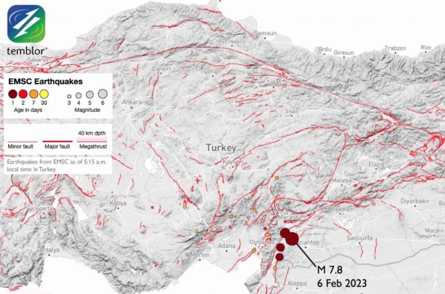 Карта Турции с отмеченным на ней районом землетрясения, изображение temblor.net
