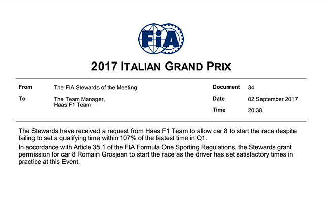 Решение стюардов о допуске Романа Грожана на старт Гран При Италии