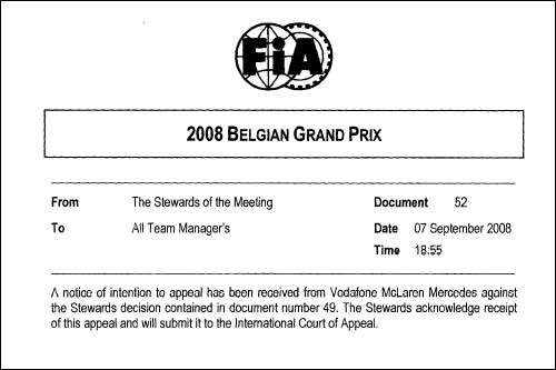 FIA информирует команды о получении апелляции