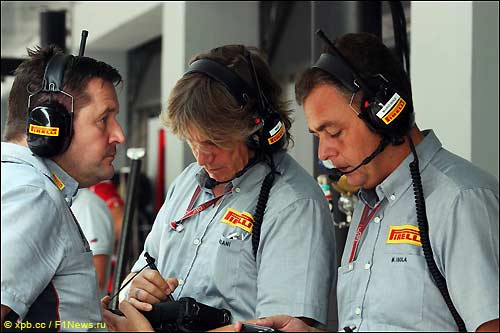 Пол Хембри (слева) и специалисты Pirelli