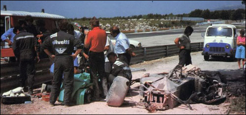 Последствия трагической аварии Элио де Анжелиса на тестах в Ле-Кастелле. Май 1986 года