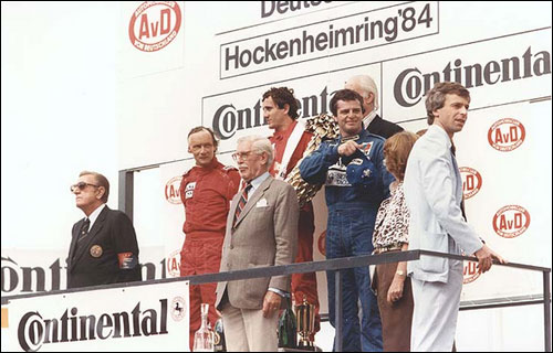Ники Лауда, Ален Прост и Дерек Уорик на подиуме Гран При Германии 1984 года