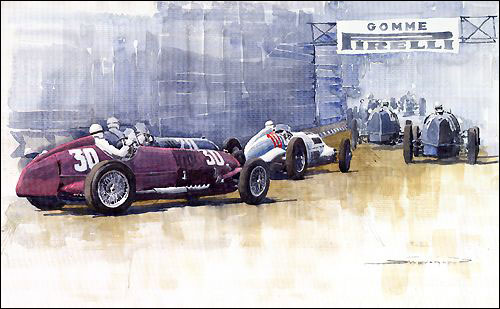 Старт Гран При Италии 1937 года в Ливорно. Рисунок Юрия Шевчука