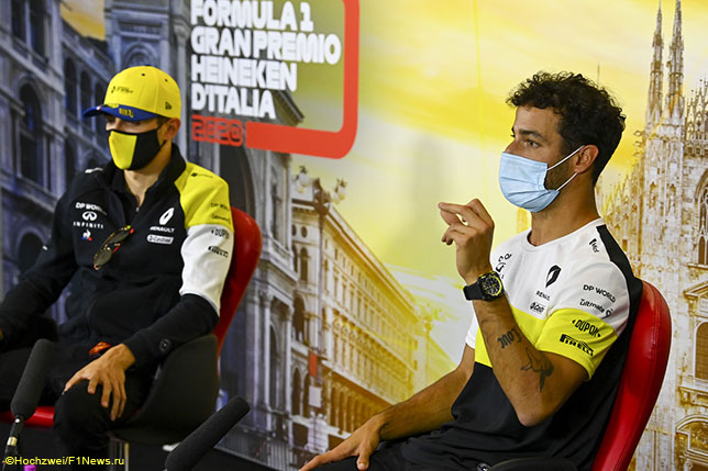 Даниэль Риккардо и Эстебан Окон на пресс-конференции FIA в Монце