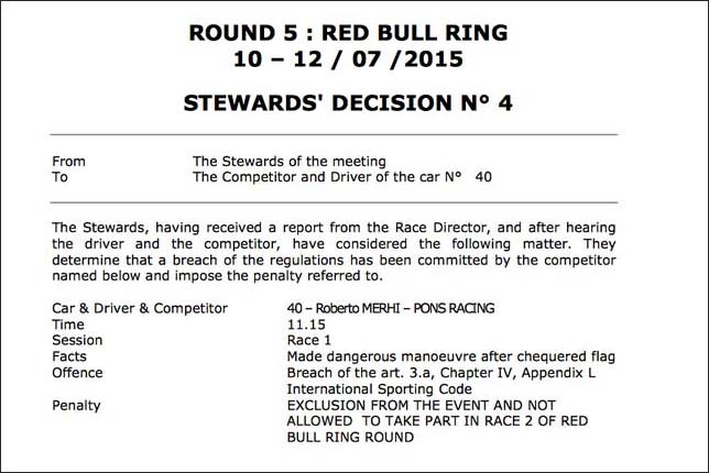 Протокол решения стюардов гонки Формулы Renault 3.5