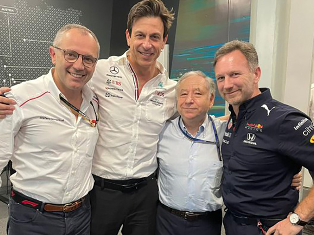 Стефано Доменикали, Тото Вольфф, Жан Тодт и Кристиан Хорнер, фото из Twitter президента FIA